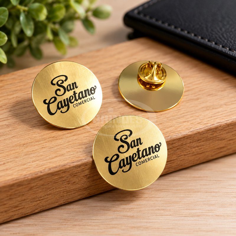 Pin corporativo circular dorado con grabado láser
